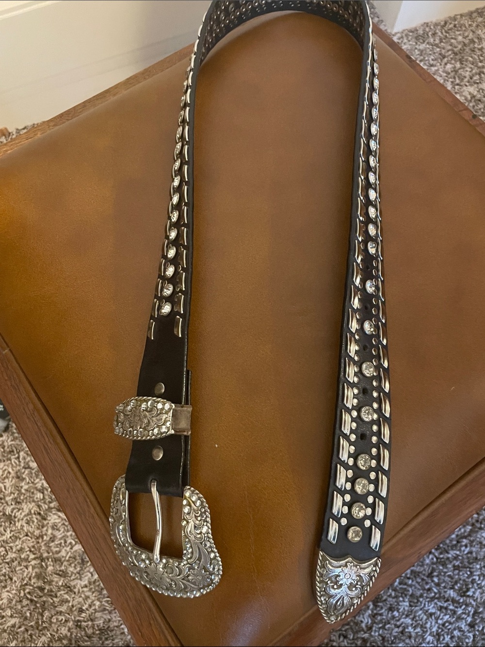 Nocona Black Leather Studded Western Belt with Silver Conchos